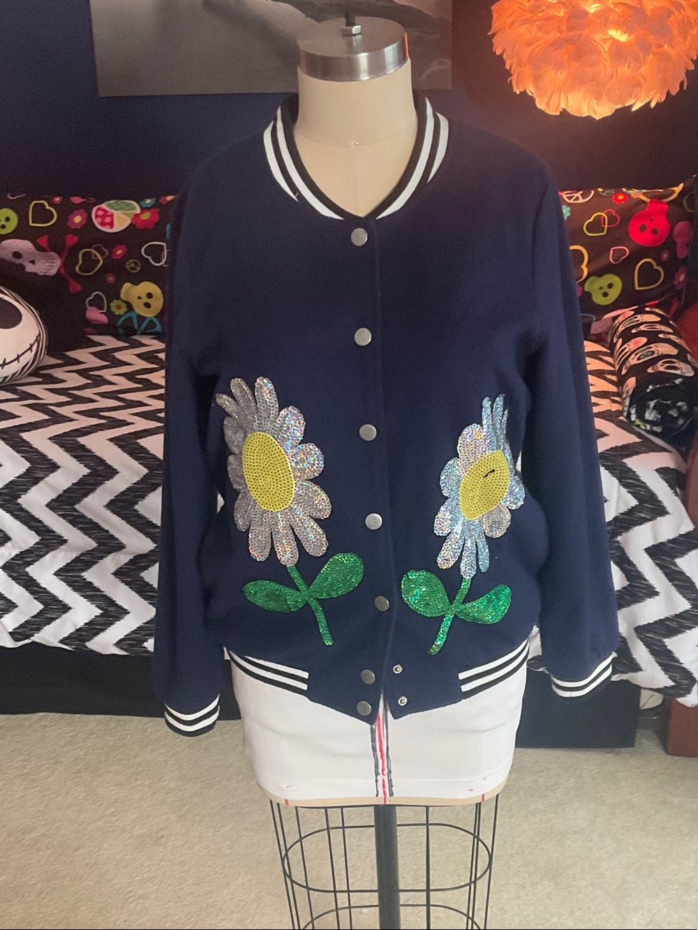 Navy Floral Sequin Bomber Jacket - Women